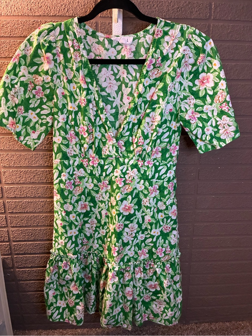 THML Green Floral Puff Sleeve Tiered Mini Dress Size Large